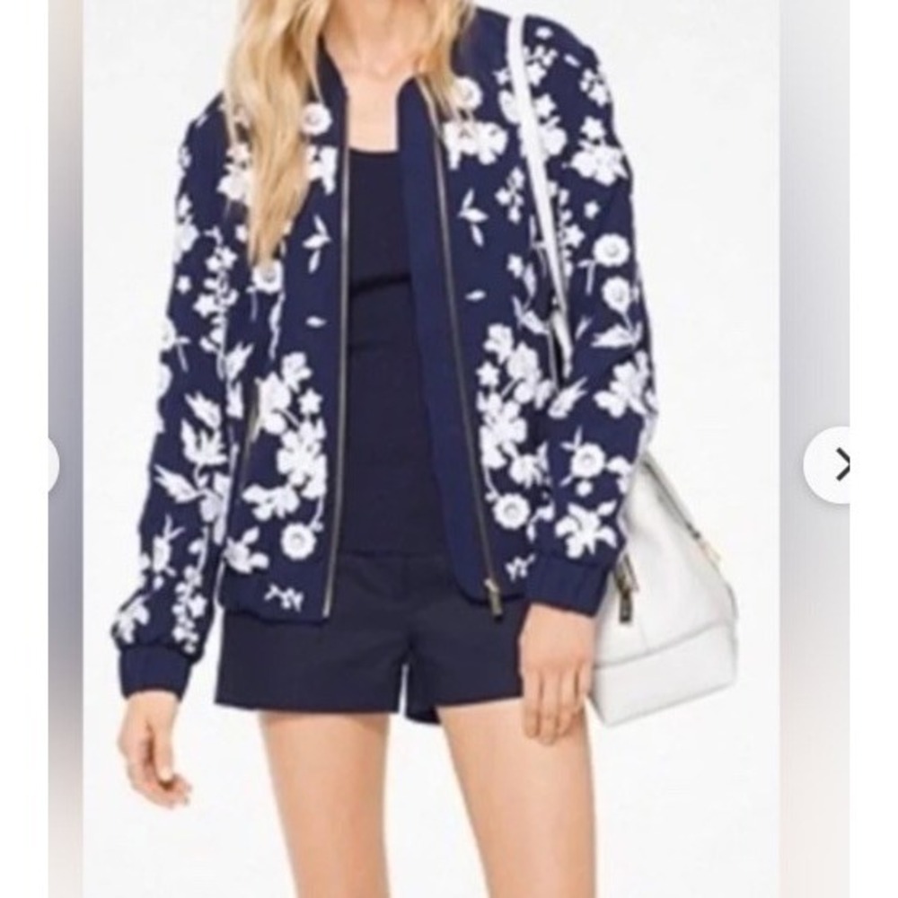 Michael Kors Floral Beaded Jacket Sz S NWOT Navy White Sequin Luxury $395